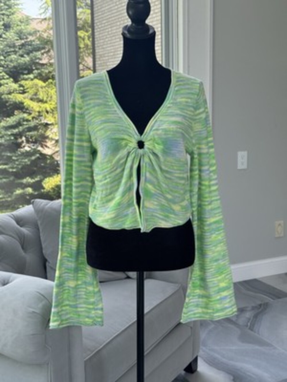 American Eagle Women's Bell Sleeve Knit Crop Top Green Blue Coquette NWT MEDIUM
